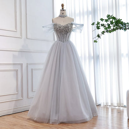 Luxury Blue A Line Beaded Evening Dress For Formal Occasion LA73584