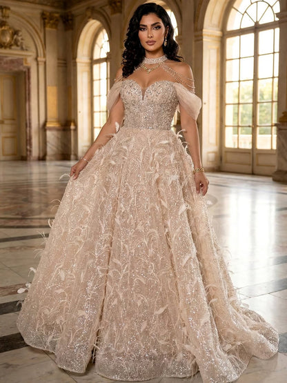 Luxury Pink Off The Shoulder 3D Flower Beaded Ball Gown LA73585