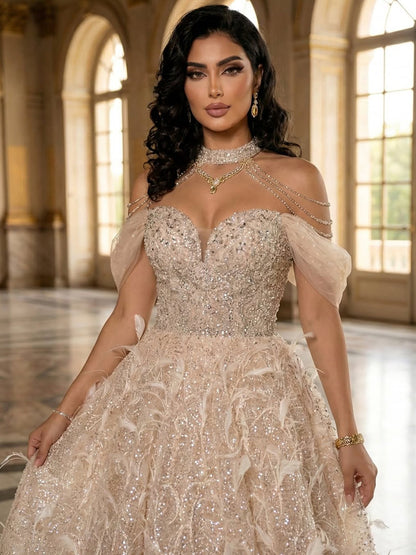 Luxury Pink Off The Shoulder 3D Flower Beaded Ball Gown LA73585