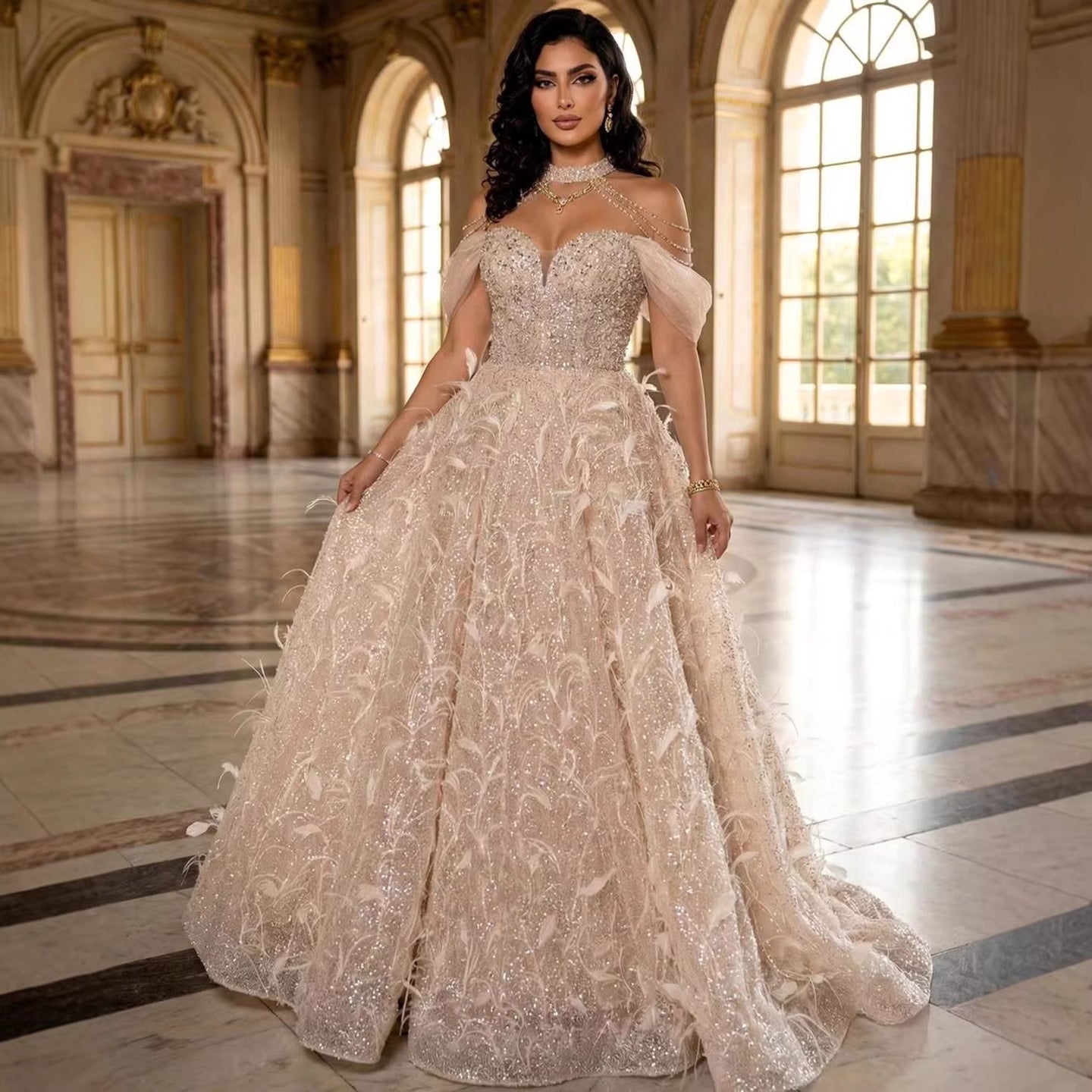 Luxury Pink Off The Shoulder 3D Flower Beaded Ball Gown LA73585