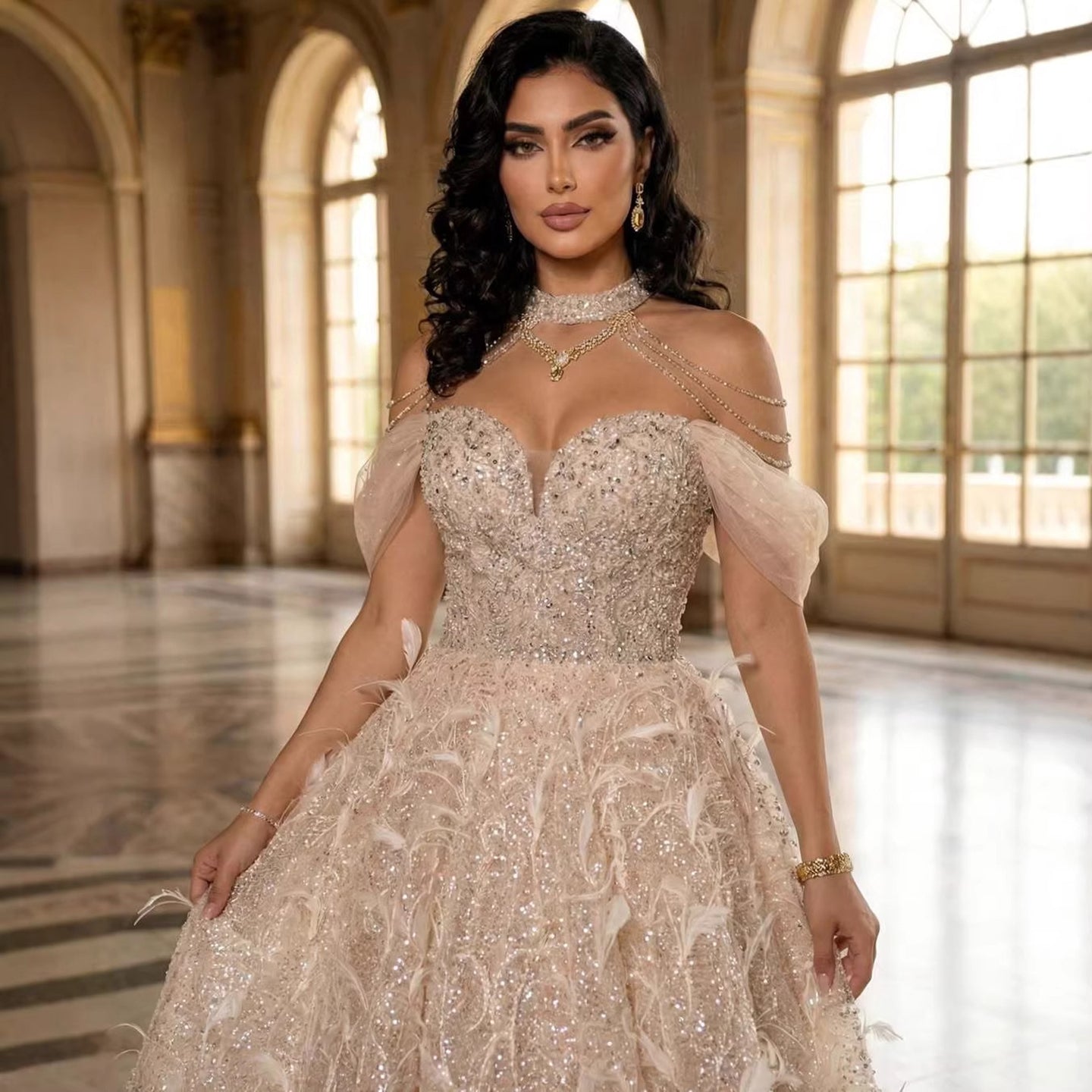 Luxury Pink Off The Shoulder 3D Flower Beaded Ball Gown LA73585