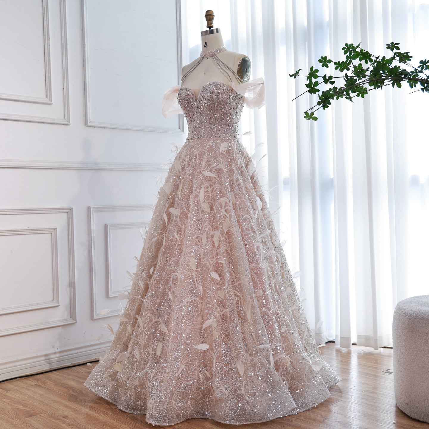 Luxury Pink Off The Shoulder 3D Flower Beaded Ball Gown LA73585