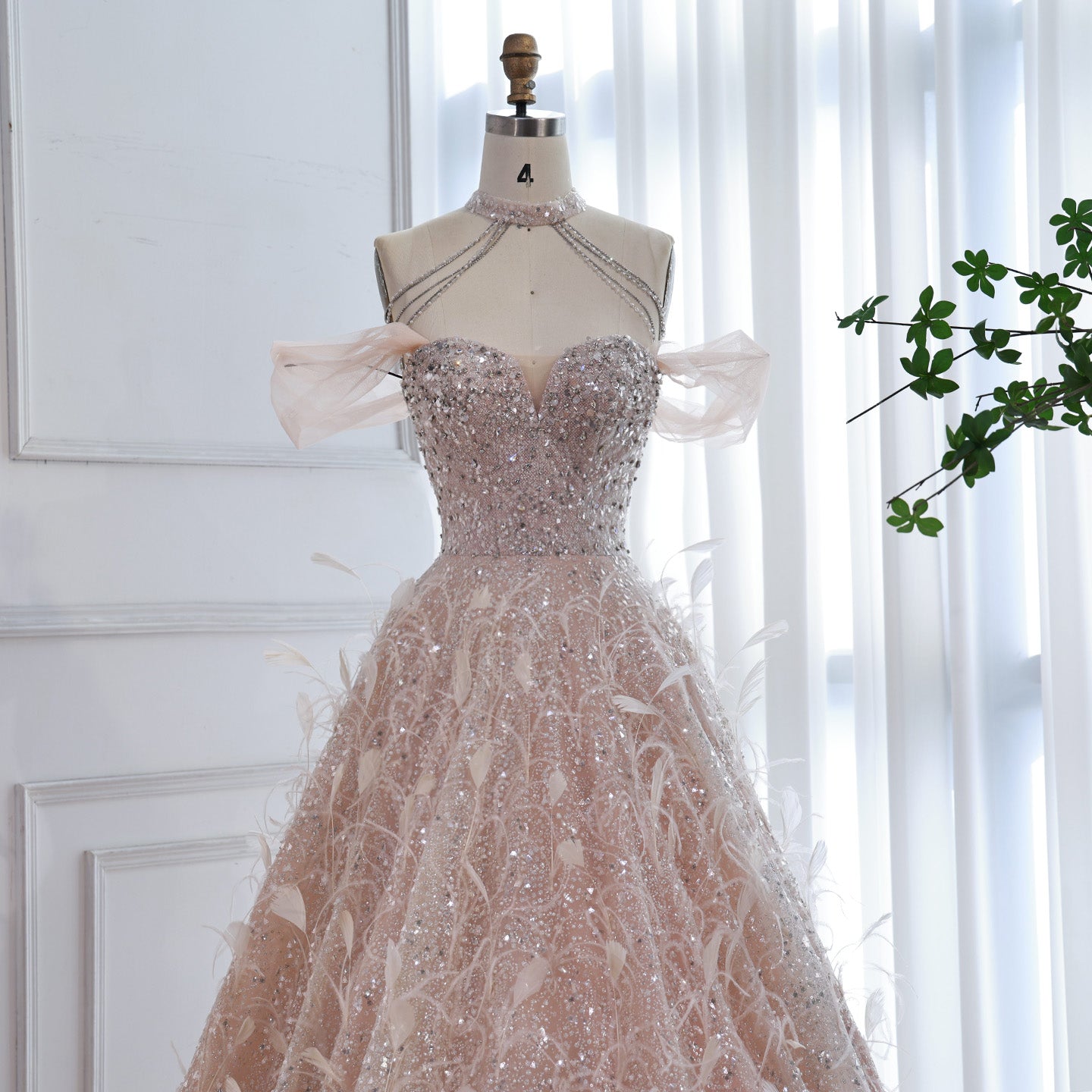 Luxury Pink Off The Shoulder 3D Flower Beaded Ball Gown LA73585