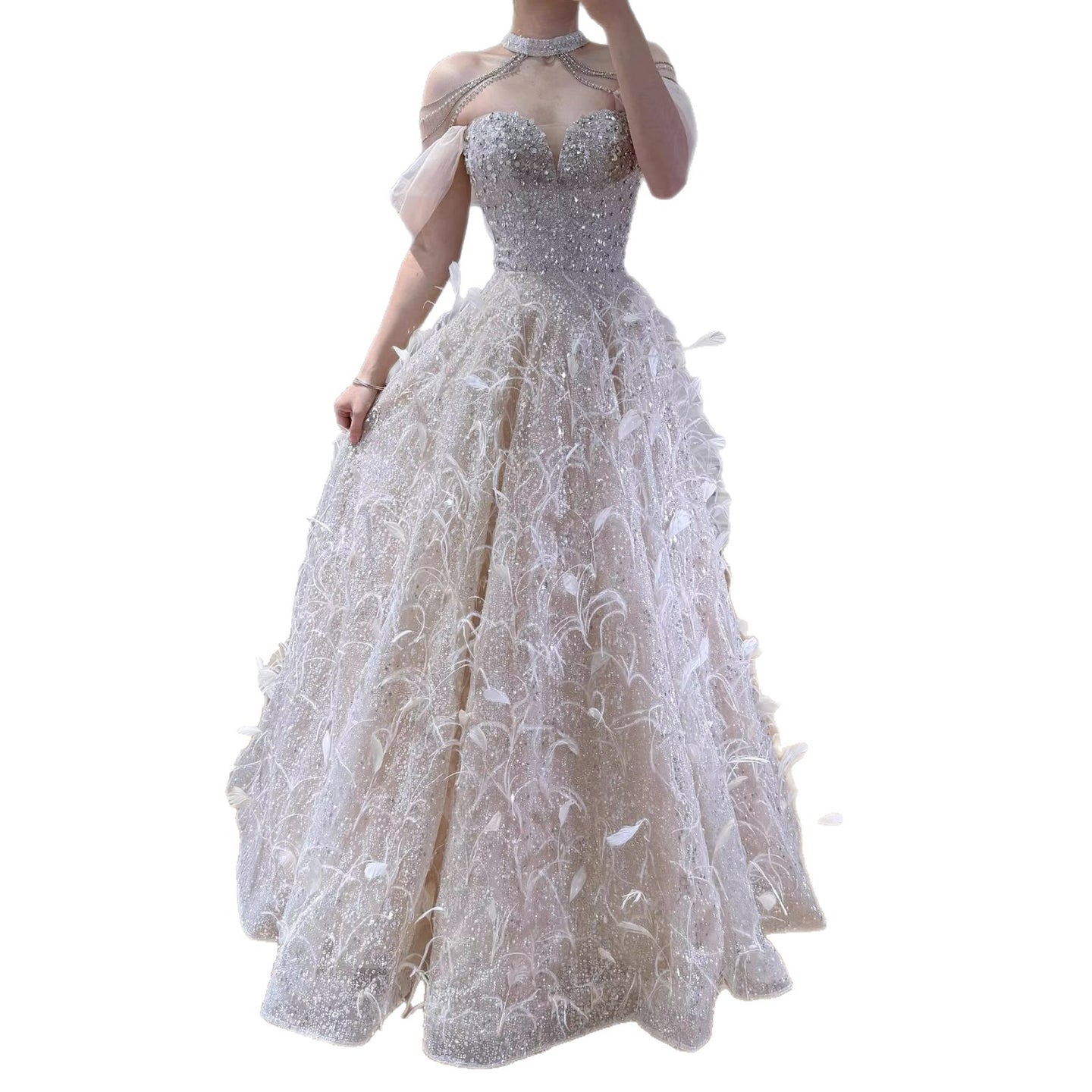 Luxury Pink Off The Shoulder 3D Flower Beaded Ball Gown LA73585