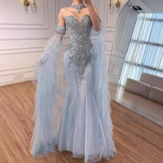 Luxury Blue Shoulder Long Sheer Sleeves Beaded Mermaid Evening Dress LA73509