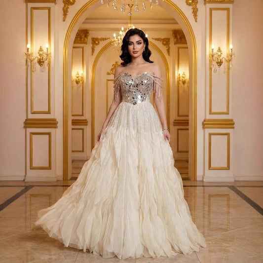 Luxury Beige Beaded Off Shoulder Ball Gown Evening Dress LA73587