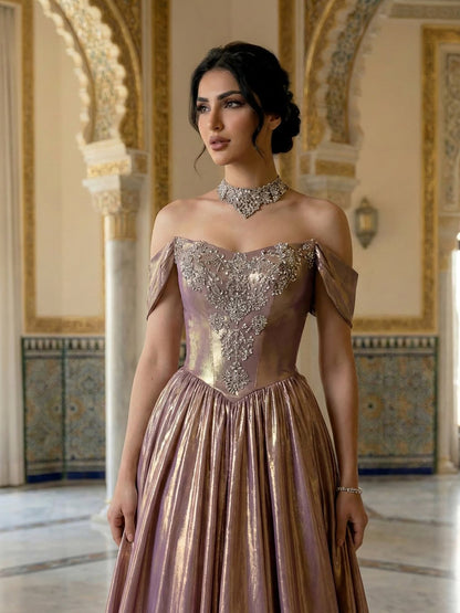 Luxury Purple Gold Crystal Beaded A Line Evening Dress LA73588