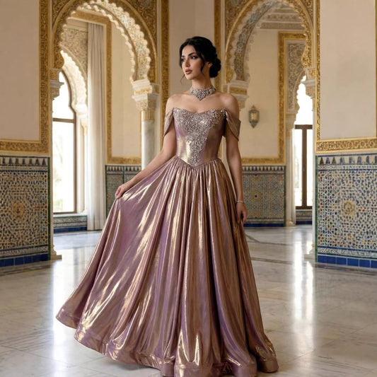 Luxury Purple Gold Crystal Beaded A Line Evening Dress LA73588