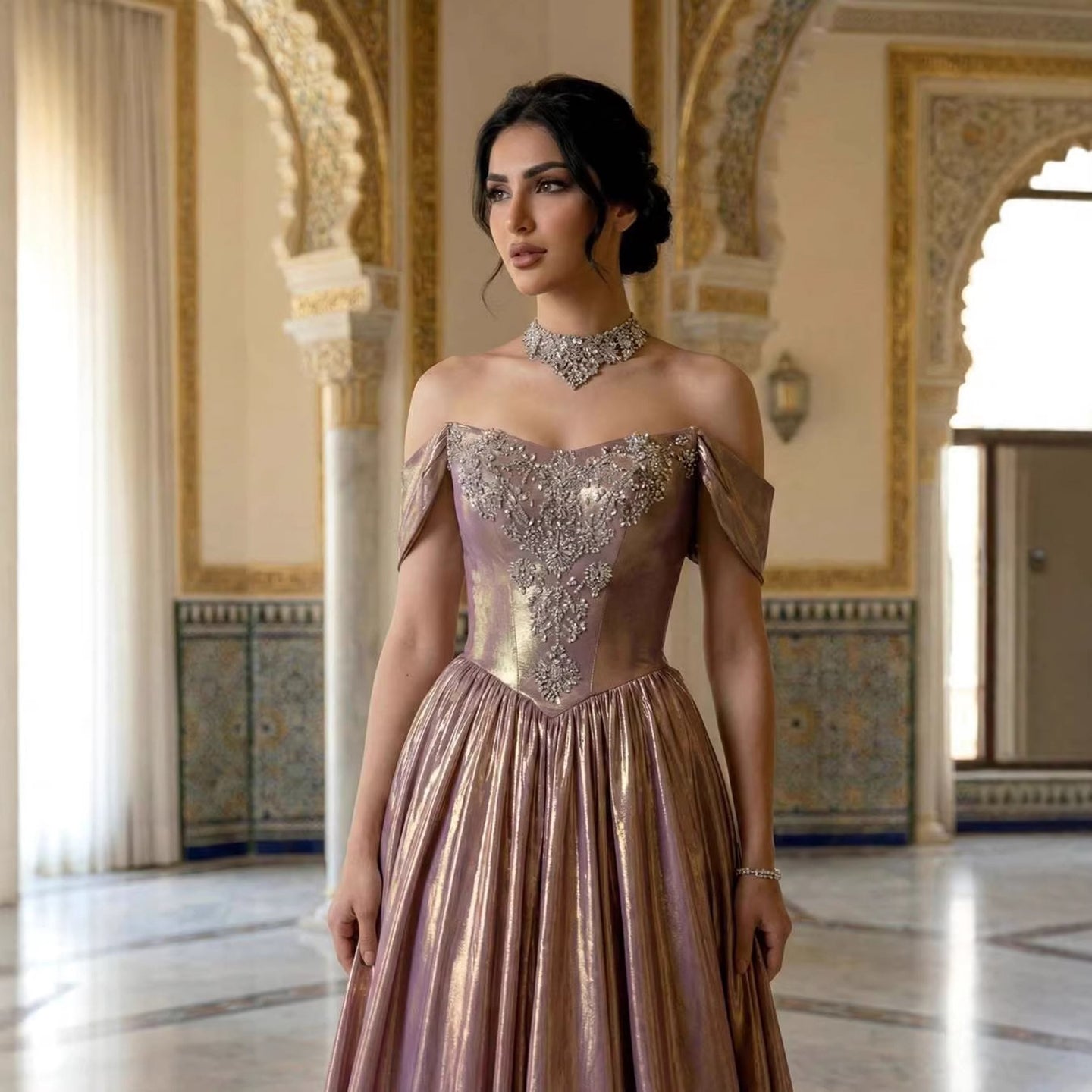 Luxury Purple Gold Crystal Beaded A Line Evening Dress LA73588