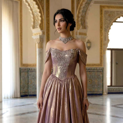 Luxury Purple Gold Crystal Beaded A Line Evening Dress LA73588