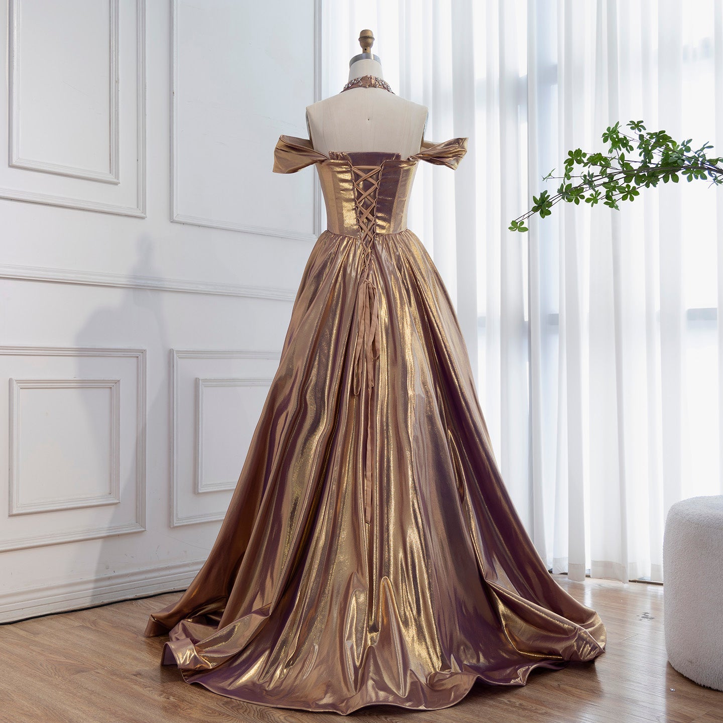 Luxury Purple Gold Crystal Beaded A Line Evening Dress LA73588