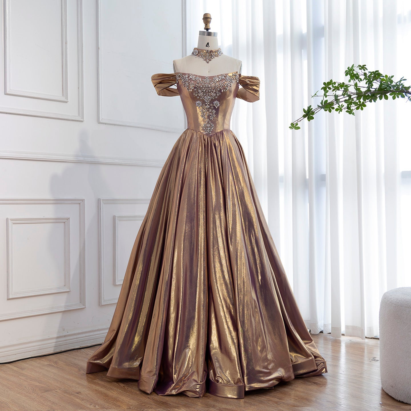 Luxury Purple Gold Crystal Beaded A Line Evening Dress LA73588
