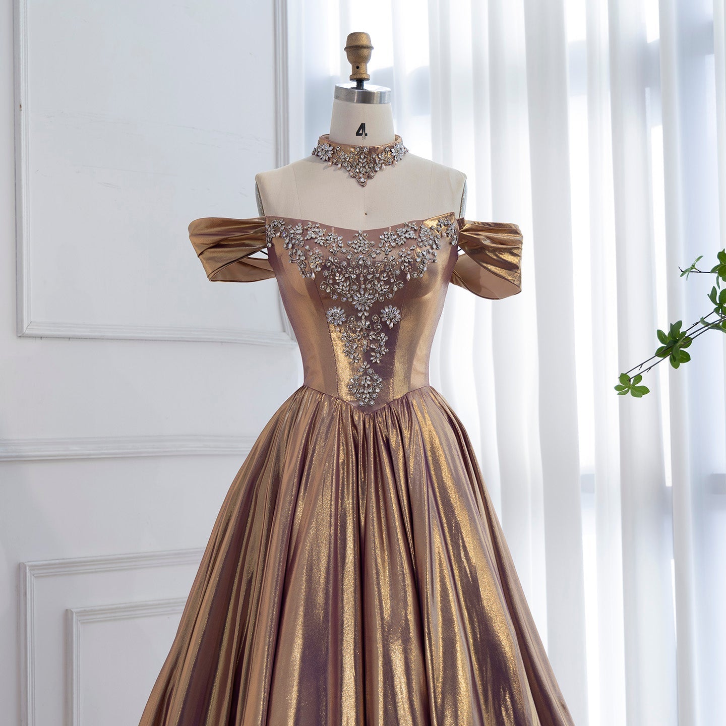 Luxury Purple Gold Crystal Beaded A Line Evening Dress LA73588