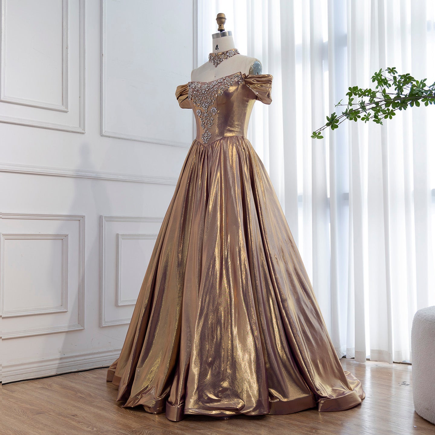 Luxury Purple Gold Crystal Beaded A Line Evening Dress LA73588