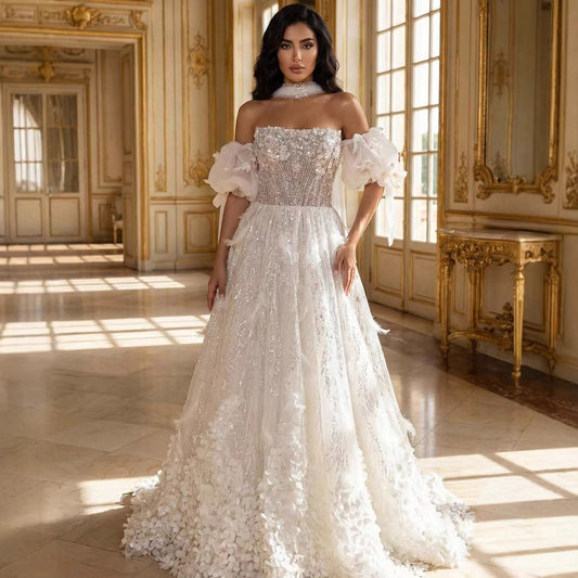 Luxury Beige Strapless Beaded Corset 3D Floral Ball Gown LA73589