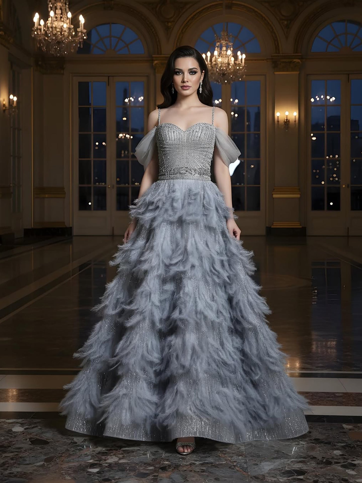 Luxury Gray A Line Evening Dress with Feather Beaded Straps LA73590