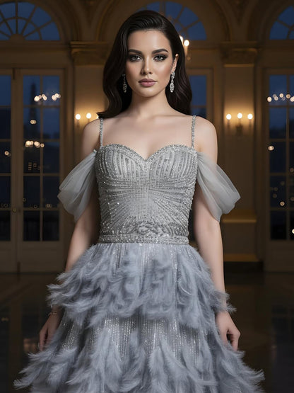 Luxury Gray A Line Evening Dress with Feather Beaded Straps LA73590