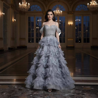Luxury Gray A Line Evening Dress with Feather Beaded Straps LA73590