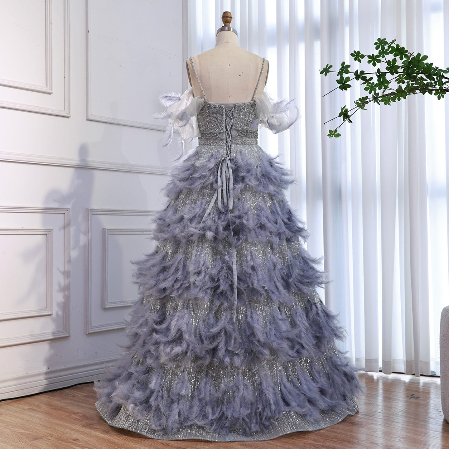 Luxury Gray A Line Evening Dress with Feather Beaded Straps LA73590