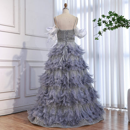 Luxury Gray A Line Evening Dress with Feather Beaded Straps LA73590