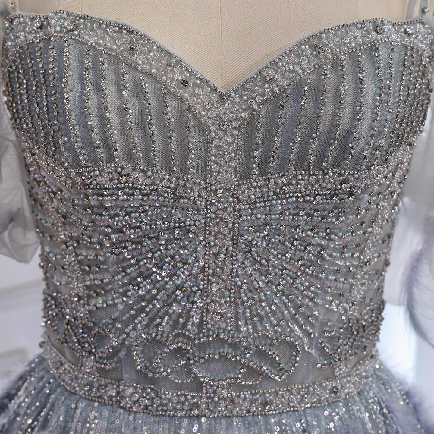 Luxury Gray A Line Evening Dress with Feather Beaded Straps LA73590