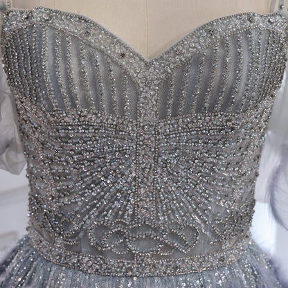 Luxury Gray A Line Evening Dress with Feather Beaded Straps LA73590