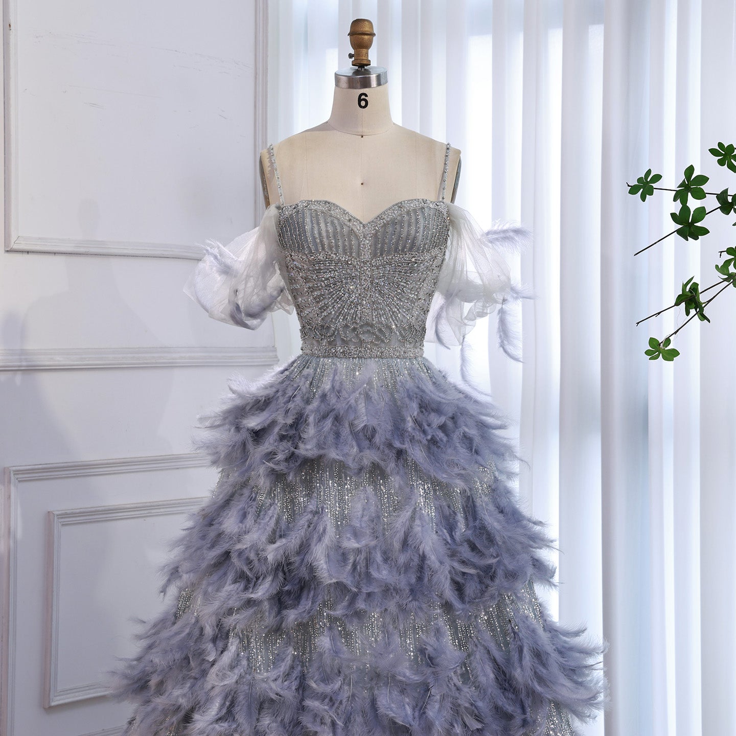 Luxury Gray A Line Evening Dress with Feather Beaded Straps LA73590