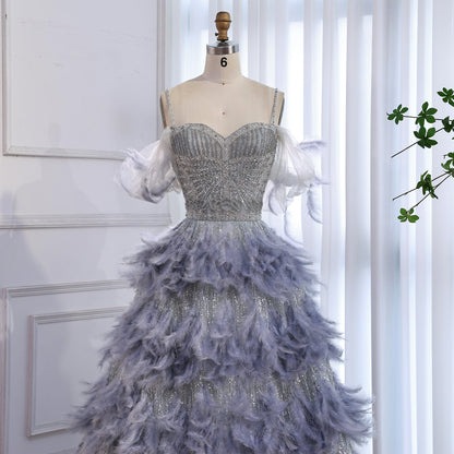 Luxury Gray A Line Evening Dress with Feather Beaded Straps LA73590