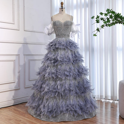 Luxury Gray A Line Evening Dress with Feather Beaded Straps LA73590