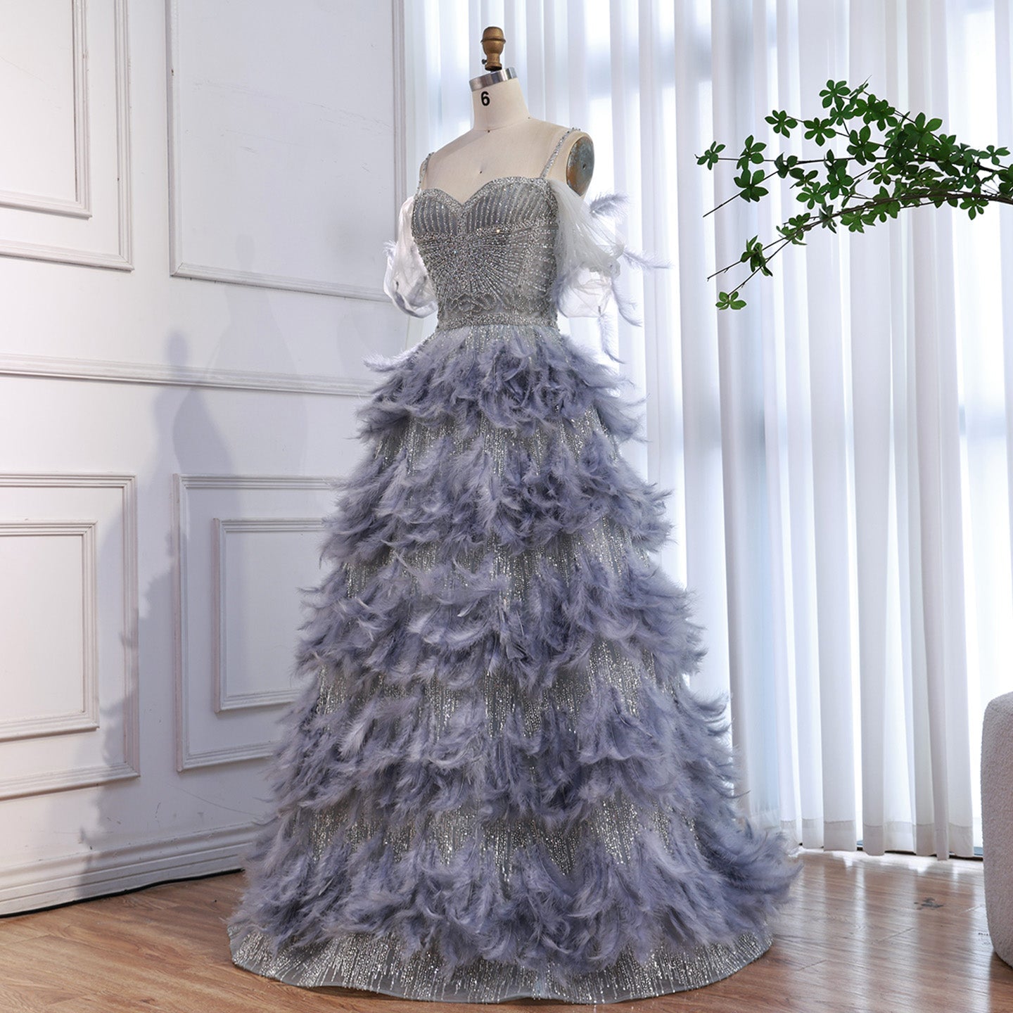 Luxury Gray A Line Evening Dress with Feather Beaded Straps LA73590