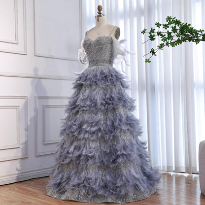 Luxury Gray A Line Evening Dress with Feather Beaded Straps LA73590