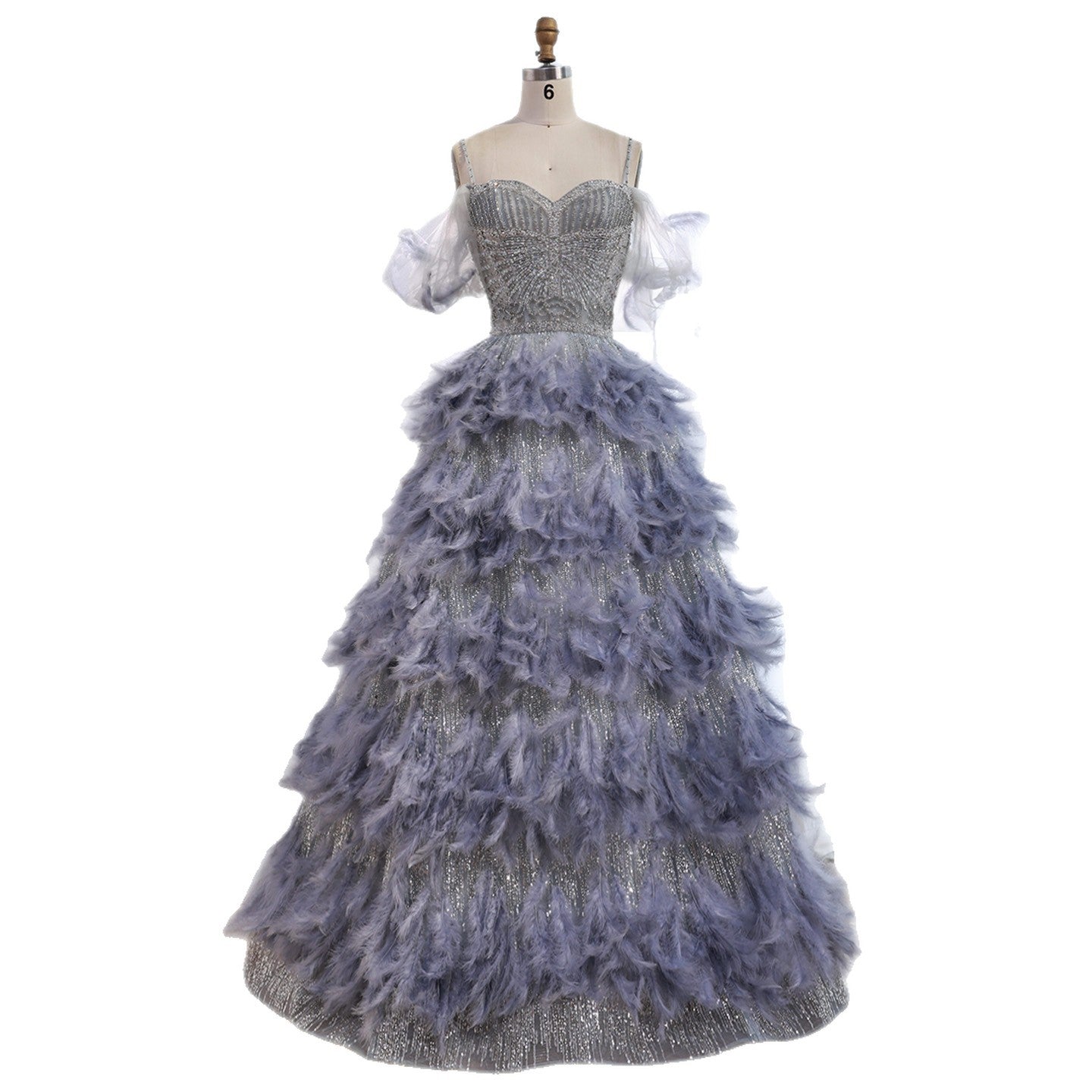 Luxury Gray A Line Evening Dress with Feather Beaded Straps LA73590