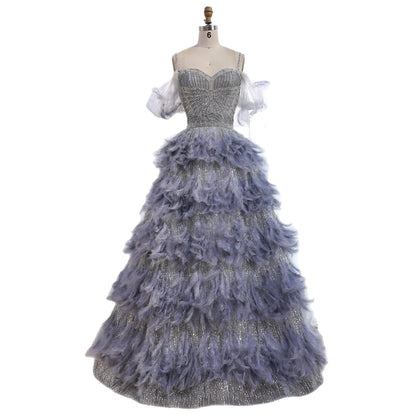 Luxury Gray A Line Evening Dress with Feather Beaded Straps LA73590