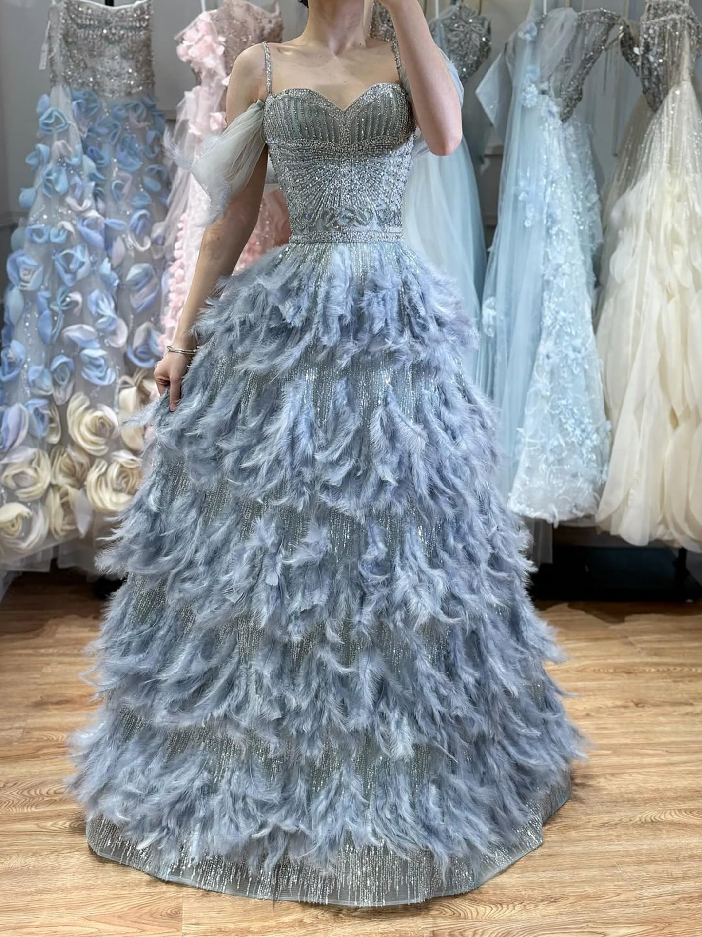 Luxury Gray A Line Evening Dress with Feather Beaded Straps LA73590