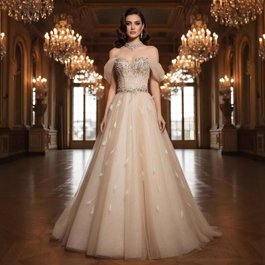 Luxury Champagne Crystal Beaded Feather A Line Evening Dress LA73591