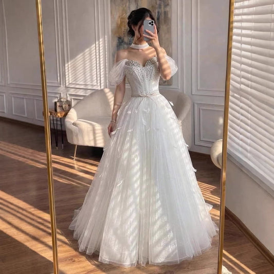 Luxury White Crystal Beaded Feather A-Line Evening Dress LA73591A