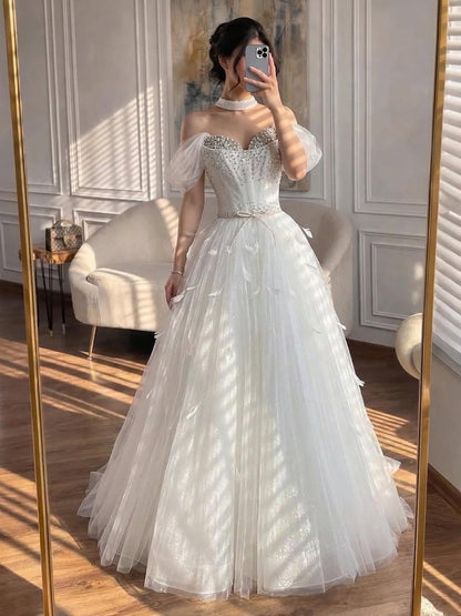 Luxury White Crystal Beaded Feather A-Line Evening Dress LA73591A