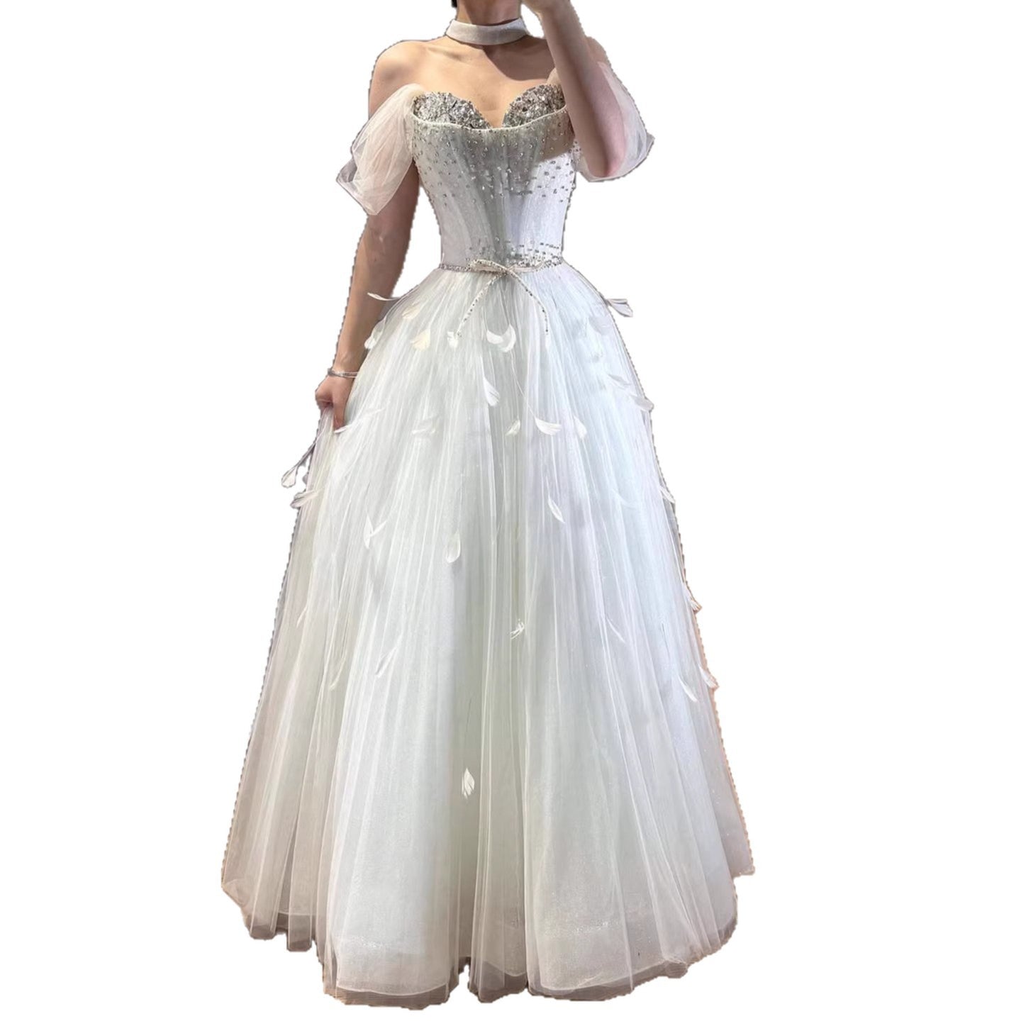 Luxury White Crystal Beaded Feather A-Line Evening Dress LA73591A