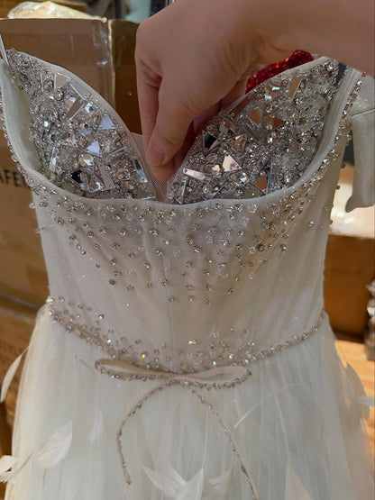 Luxury White Crystal Beaded Feather A-Line Evening Dress LA73591A