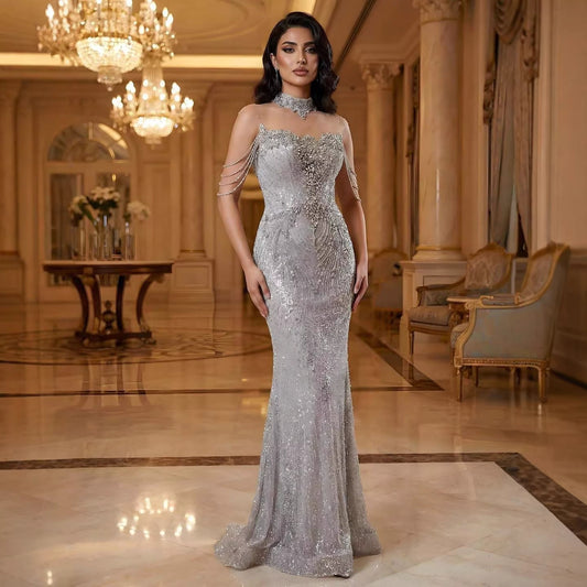 Luxury Gray Crystal Beaded Mermaid Evening Dress LA73592
