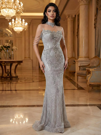 Luxury Gray Crystal Beaded Mermaid Evening Dress LA73592