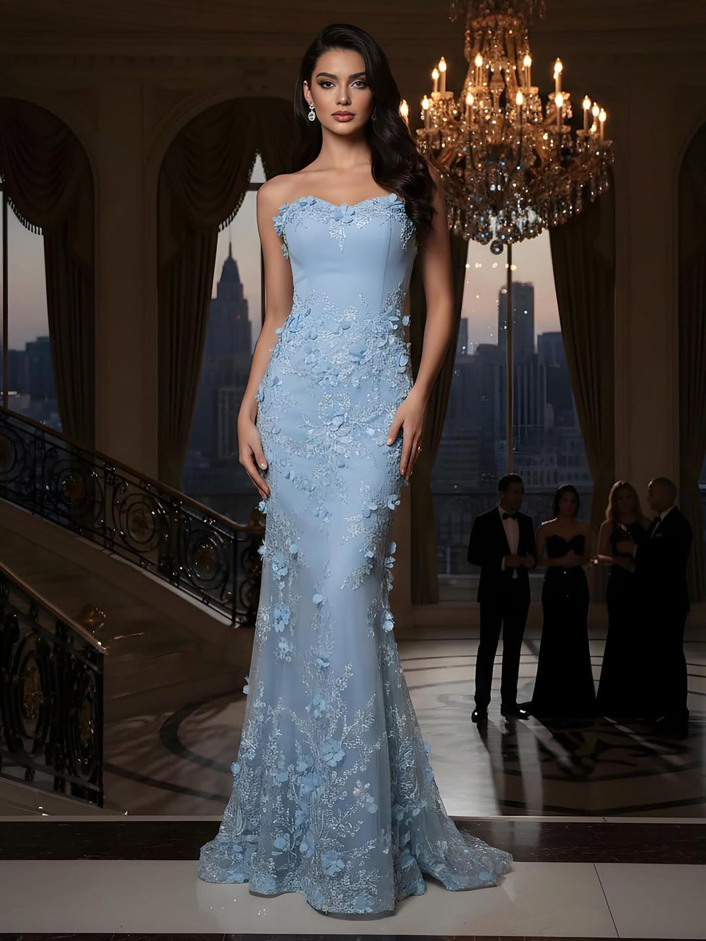Luxury Blue 3D Flower Beaded Mermaid Evening Dress With Cape LA73593