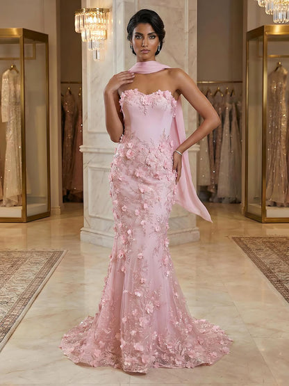 Luxury Blue 3D Flower Beaded Mermaid Evening Dress With Cape LA73593