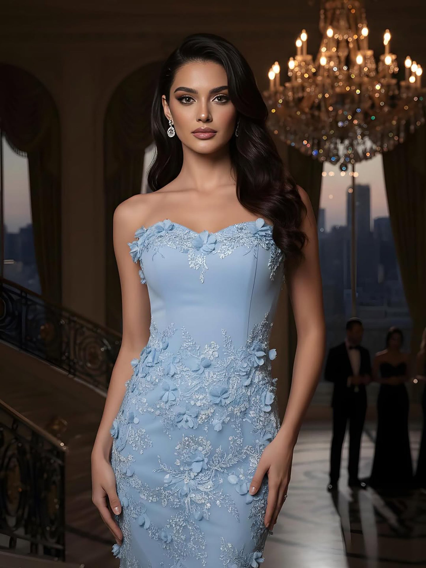Luxury Blue 3D Flower Beaded Mermaid Evening Dress With Cape LA73593
