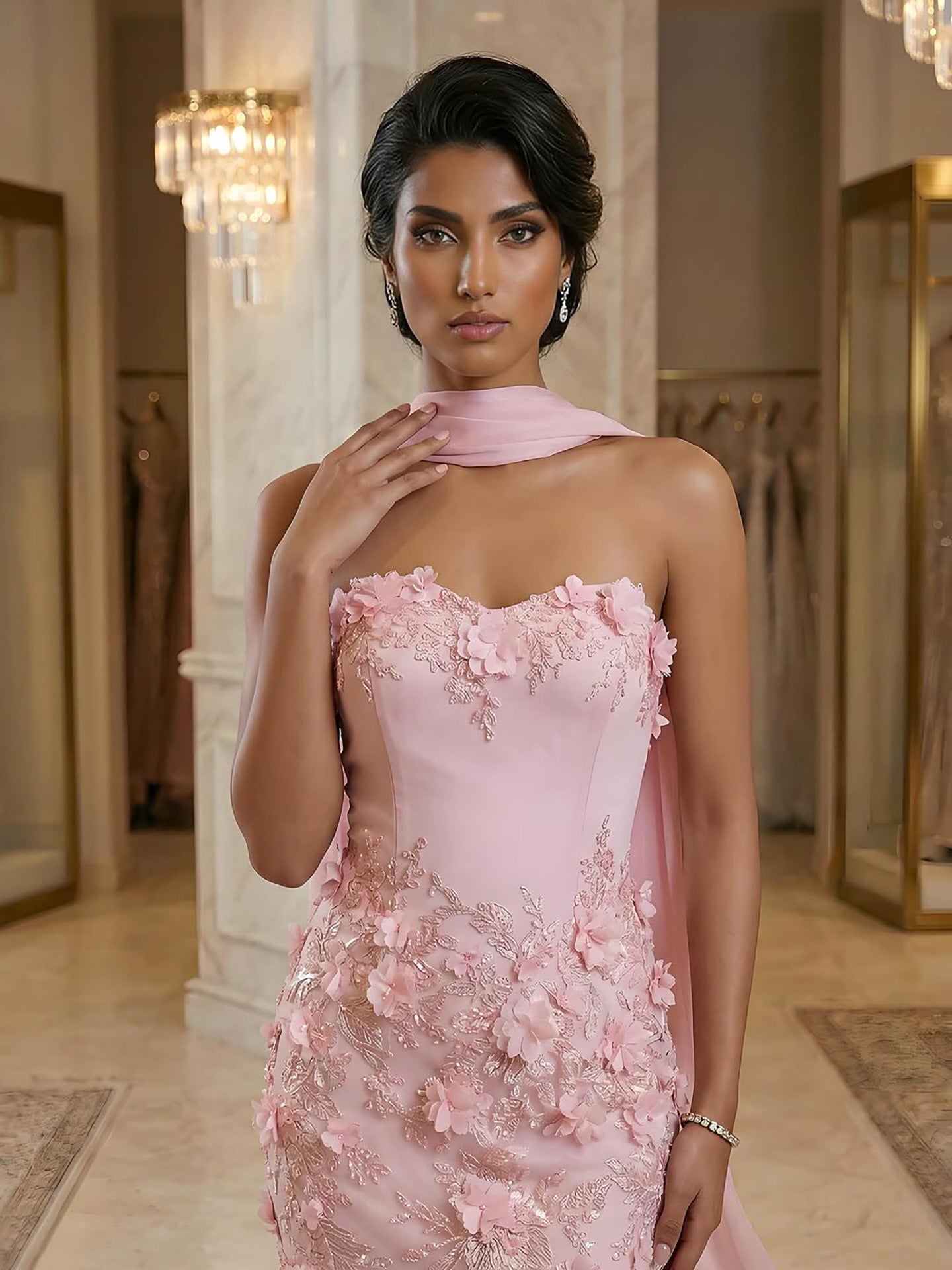 Luxury Blue 3D Flower Beaded Mermaid Evening Dress With Cape LA73593