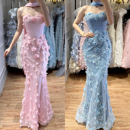 Luxury Blue 3D Flower Beaded Mermaid Evening Dress With Cape LA73593