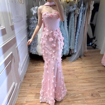 Luxury Blue 3D Flower Beaded Mermaid Evening Dress With Cape LA73593