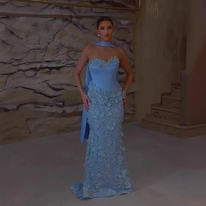 Luxury Blue 3D Flower Beaded Mermaid Evening Dress With Cape LA73593