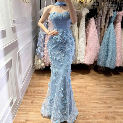 Luxury Blue 3D Flower Beaded Mermaid Evening Dress With Cape LA73593
