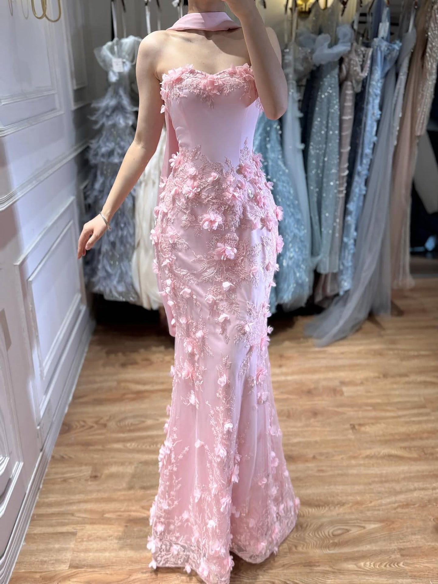 Luxury Blue 3D Flower Beaded Mermaid Evening Dress With Cape LA73593